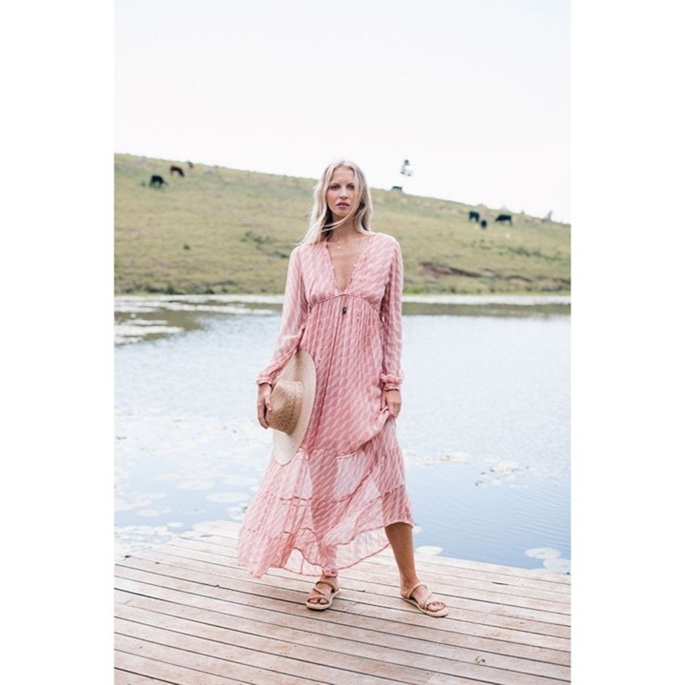 Chasing Unicorns Women's Size S Secret Garden Pink Maxi Dress Semi Sheer‎ Airy